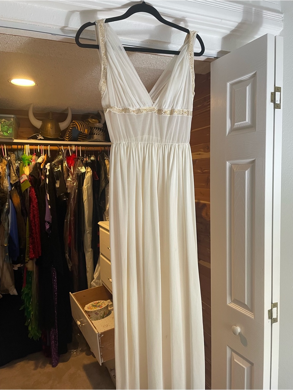 Elegant Ivory Maxi Dress with Gold Trim